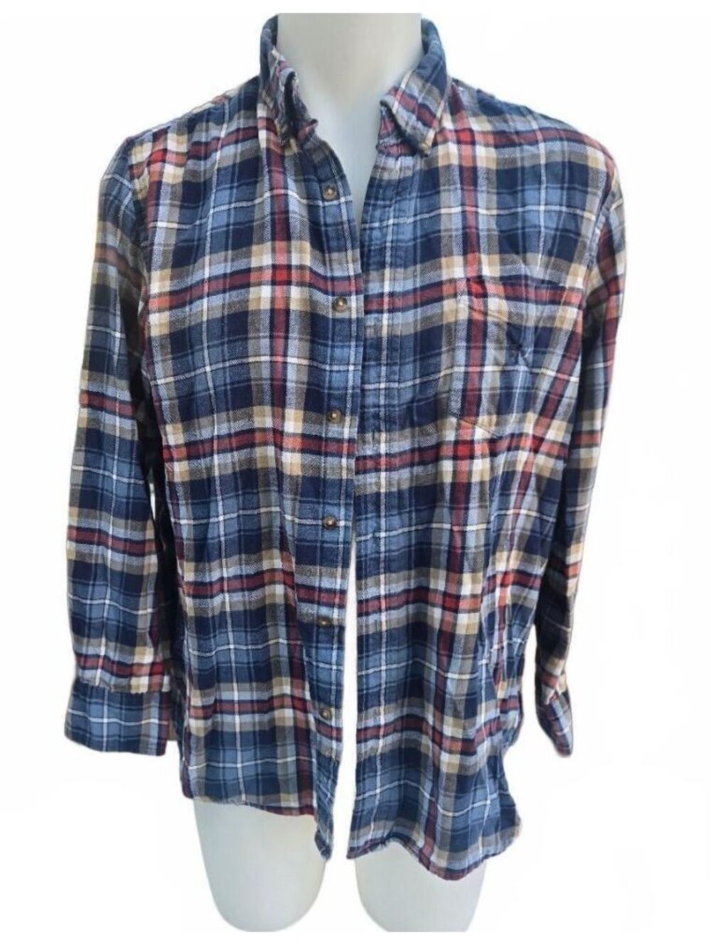Chaps Men's Large Blue Red Plaid 100% Cotton Flannel Button-Up Shirt